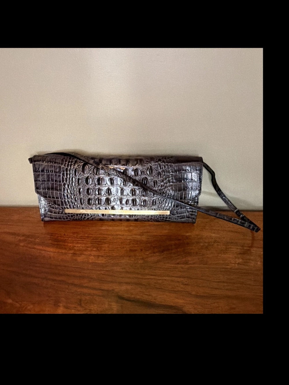 Brahmin Black Croc-Embossed Convertible Shoulder Clutch